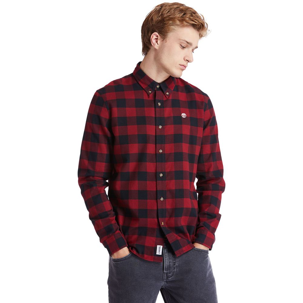 Timberland Mens Shirts Mascoma River Slim-Fit Long-Sleeve Check - Red/Black - India NK9163802